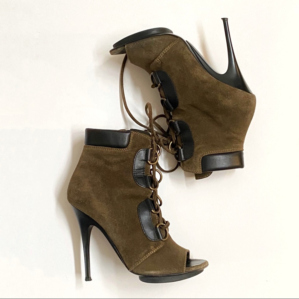 giuseppe zanotti green black suede leather lace up peep toe high heel ankle boot - Picture 4 of 9